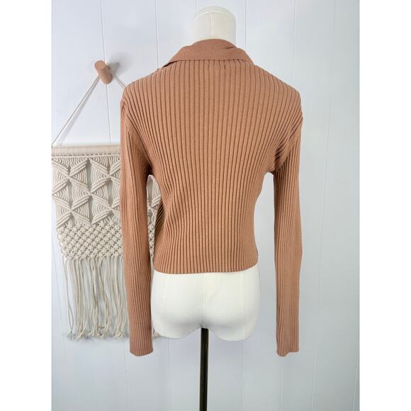 Aerie Gotta Jet Tan Ribbed Button Polo Sweater Medium Cropped - Picture 5 of 8
